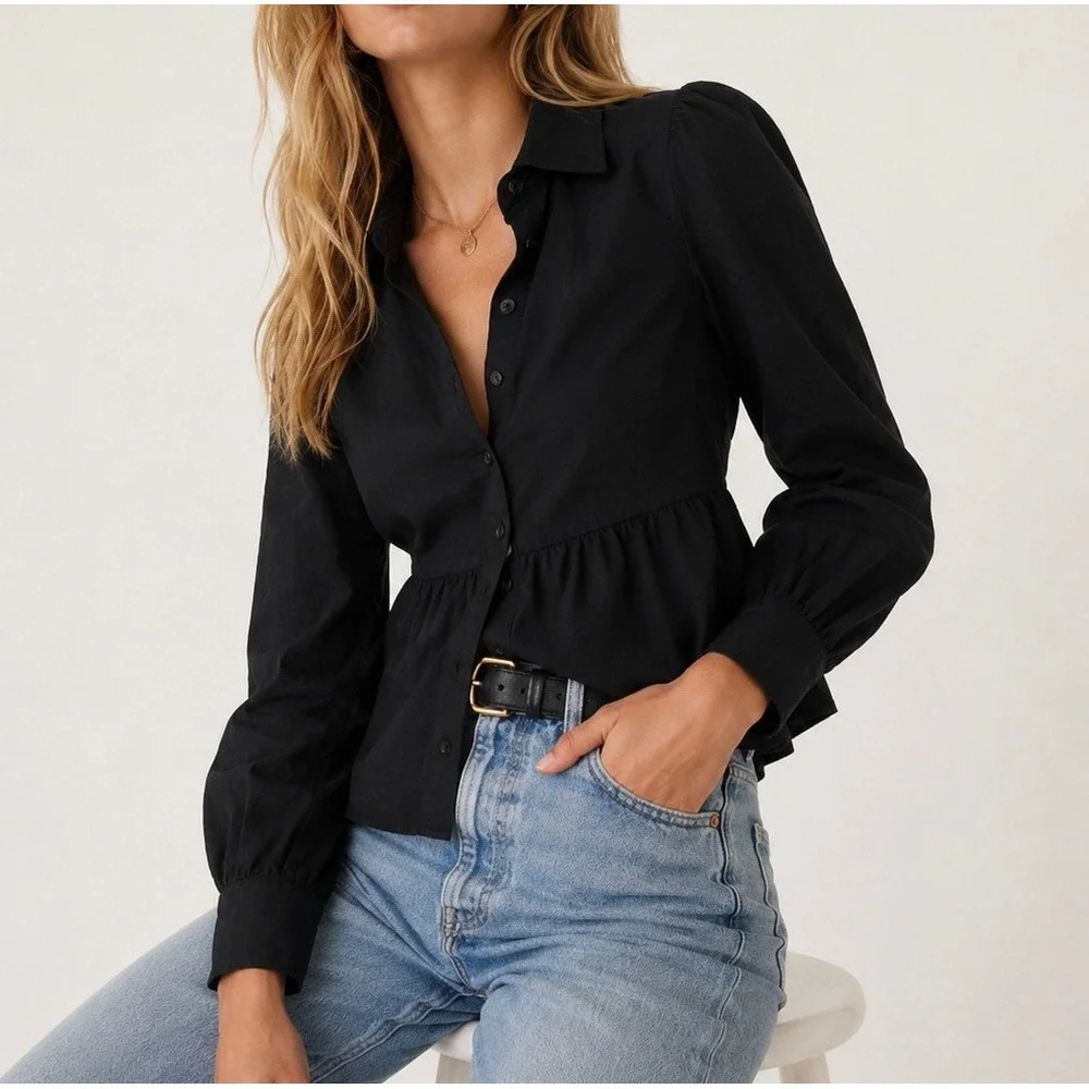 Abercrombie & Fitch NWT Black Babydoll Blouse Puff Sleeve Button Front Top Small